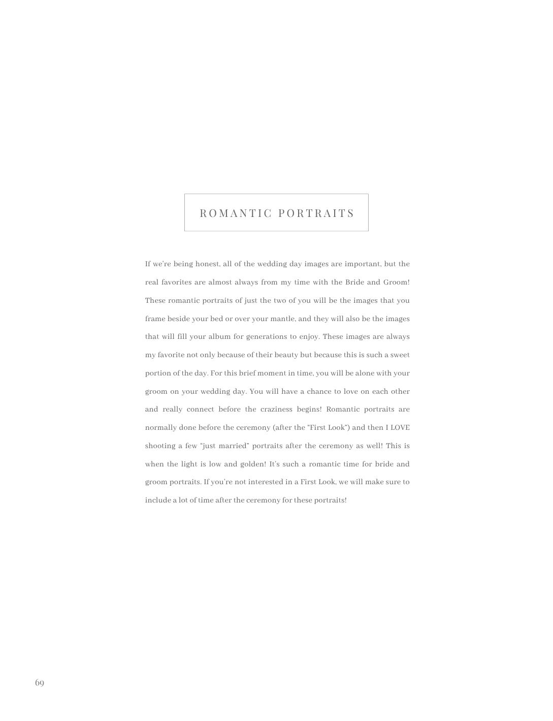 A wedding photography guide page titled Romantic Portraits with elegant typography on a clean white background.