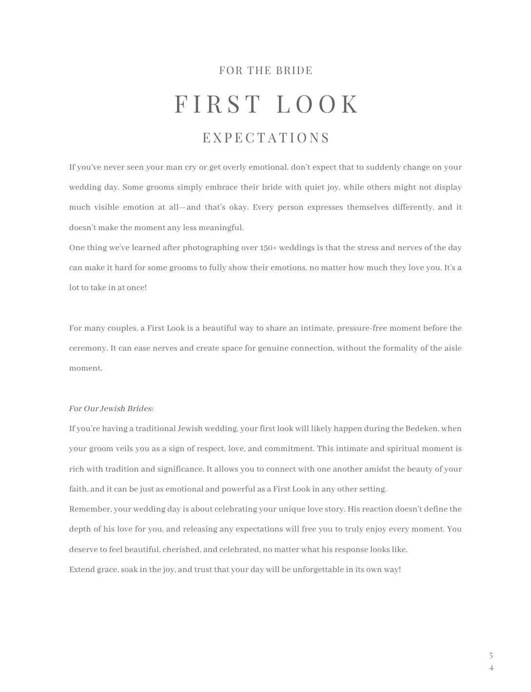 Wedding guide page titled First Look Expectations offering advice for brides on their wedding day.
