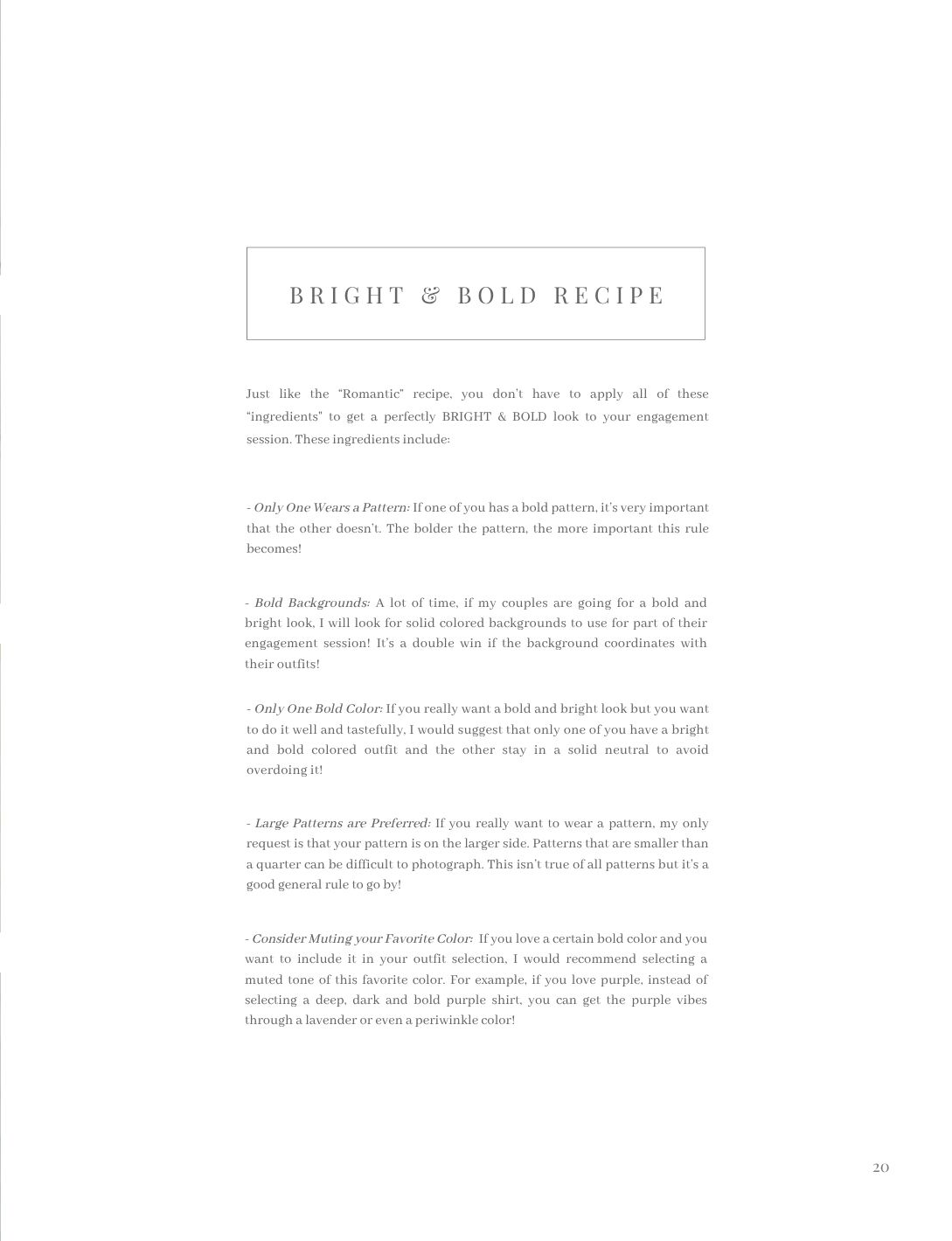 A bright and bold recipe guide page with typography tips for engagement photo sessions.