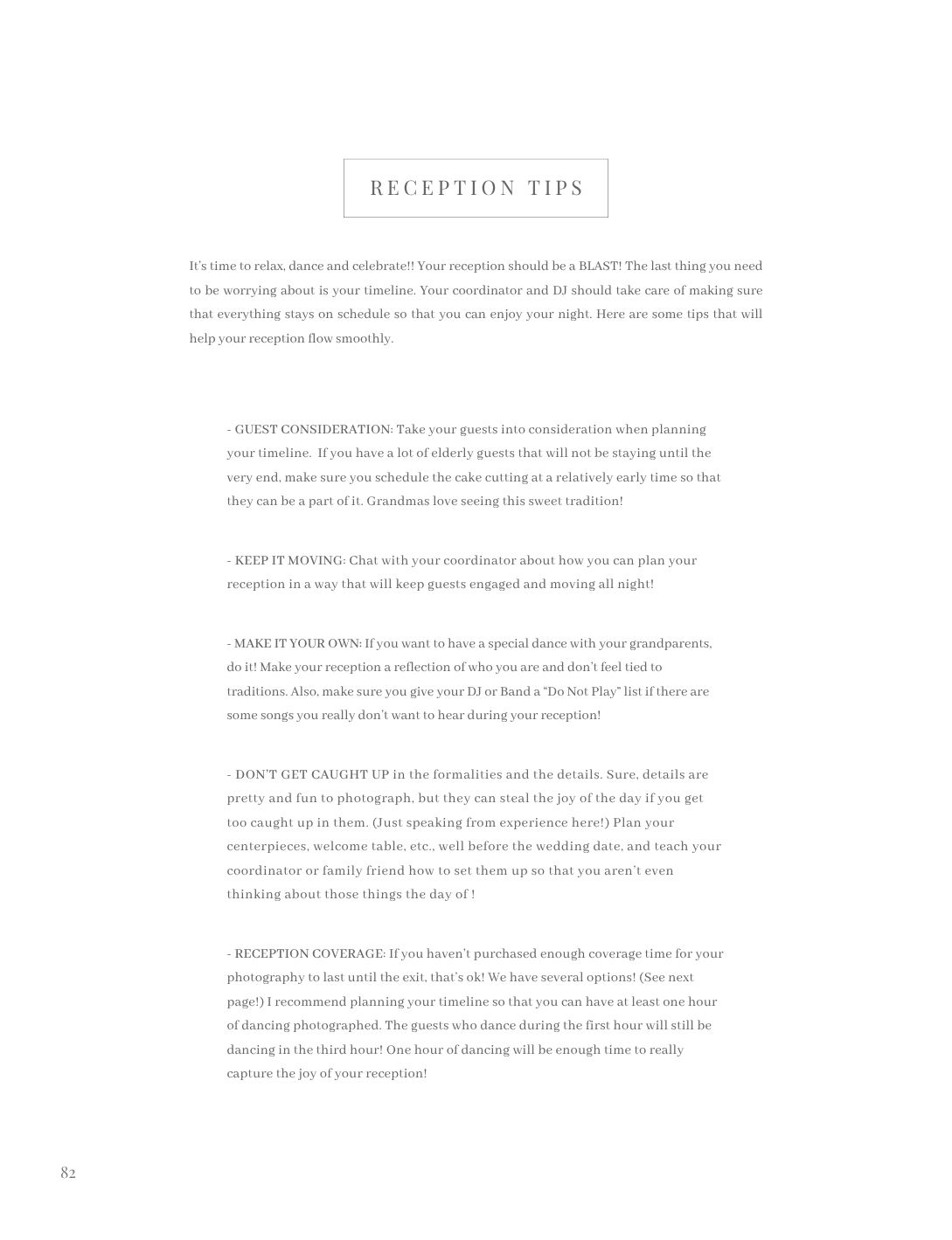 Wedding reception tips guide page with text advice on guest consideration, keeping it moving, and photography coverage.