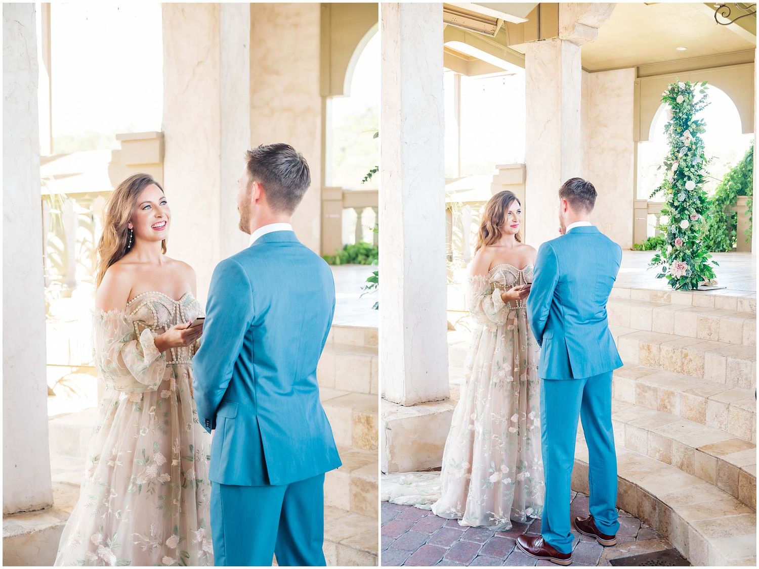 Romantic moment captured in an elegant colonnade with soft natural lighting.