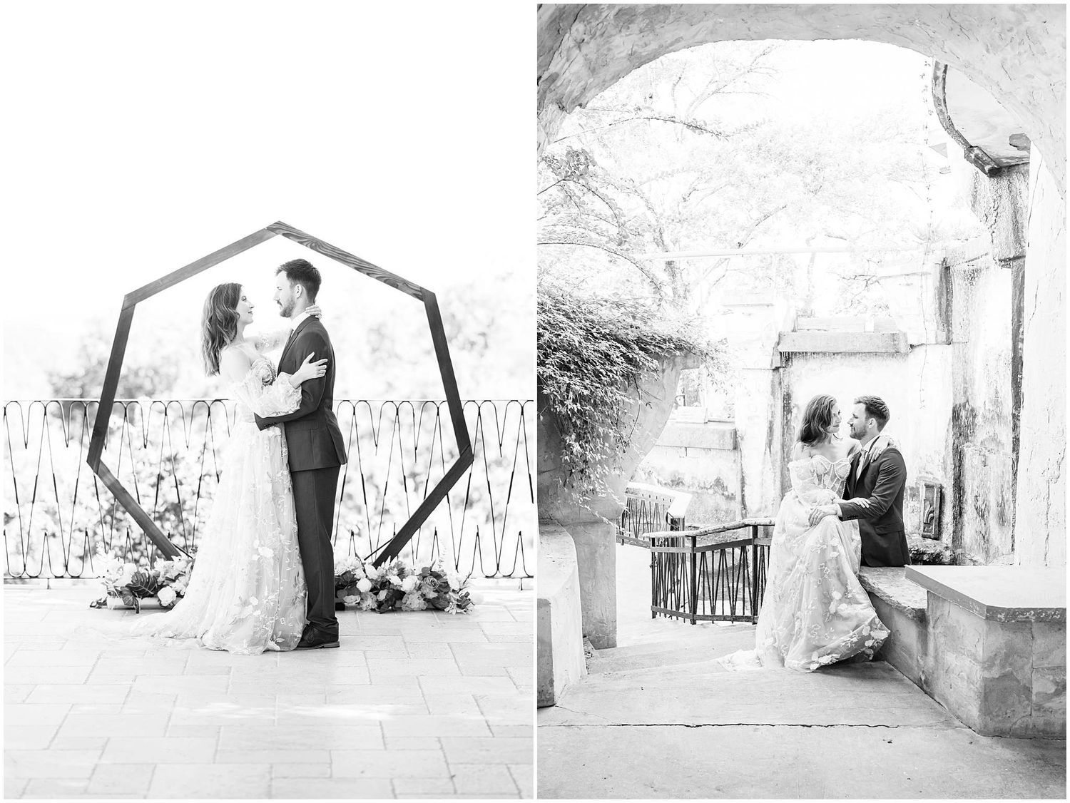Black and white wedding photography series showing couples in an elegant stone venue.