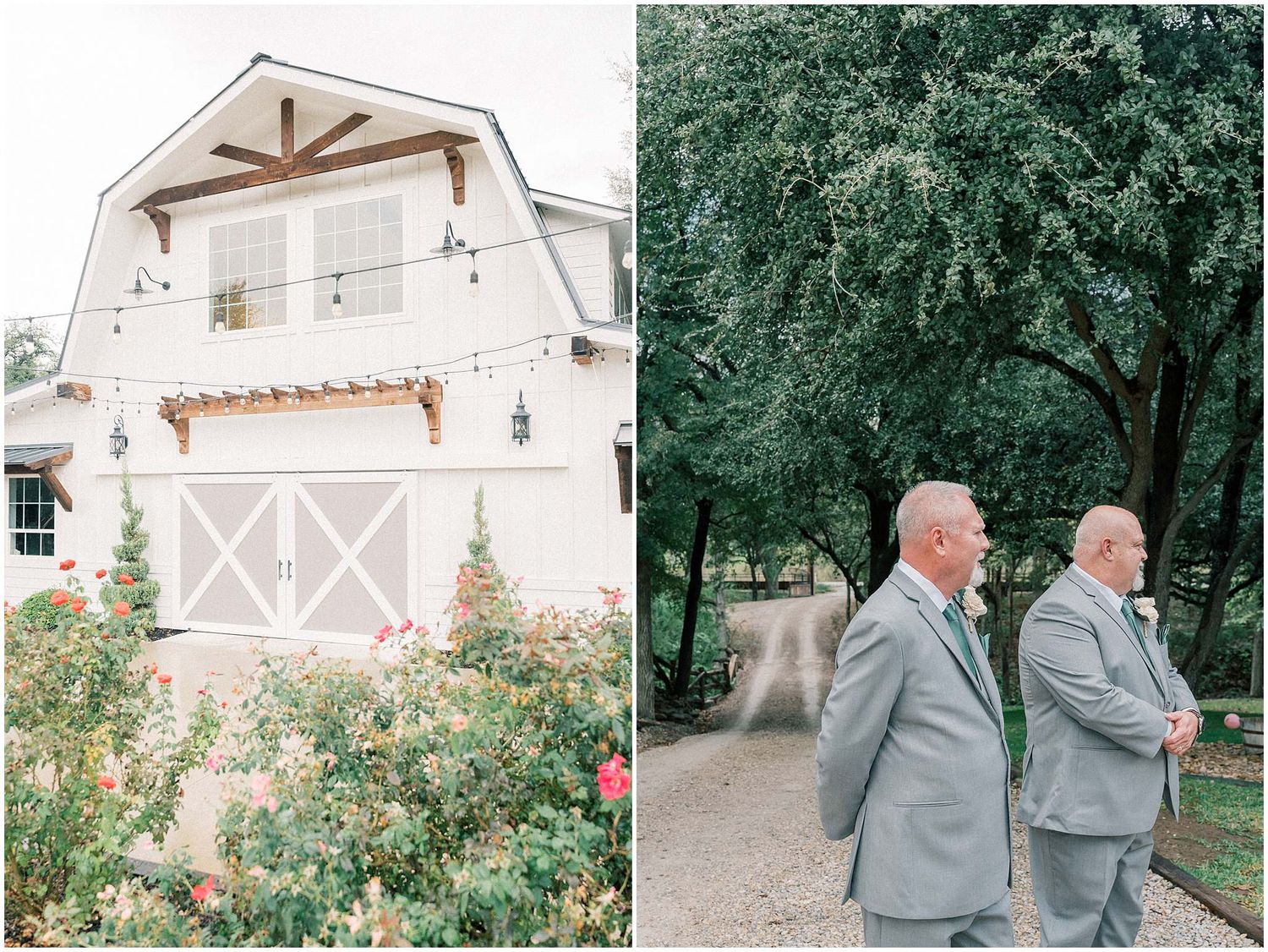 A collection of wedding photos featuring a rustic white barn venue with elegant outdoor ceremony and reception settings.