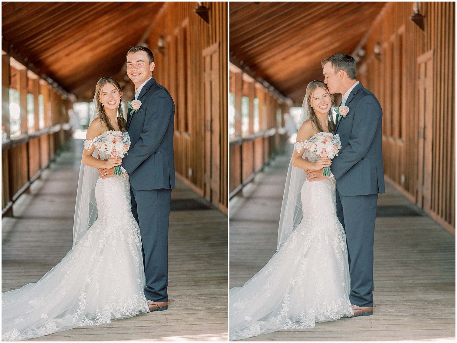 Wedding couple shares tender moments while posing for photos in a rustic wooden covered walkway.
