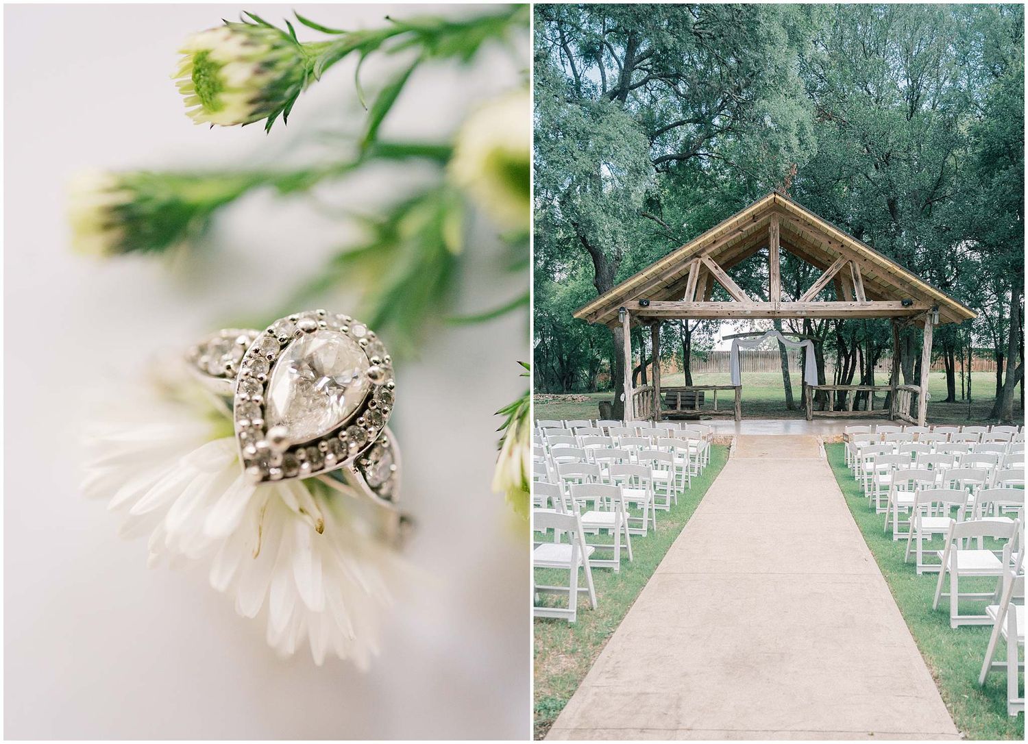 Elegant diamond engagement ring on white flower petals next to rustic outdoor wedding ceremony setup with wooden pavilion.