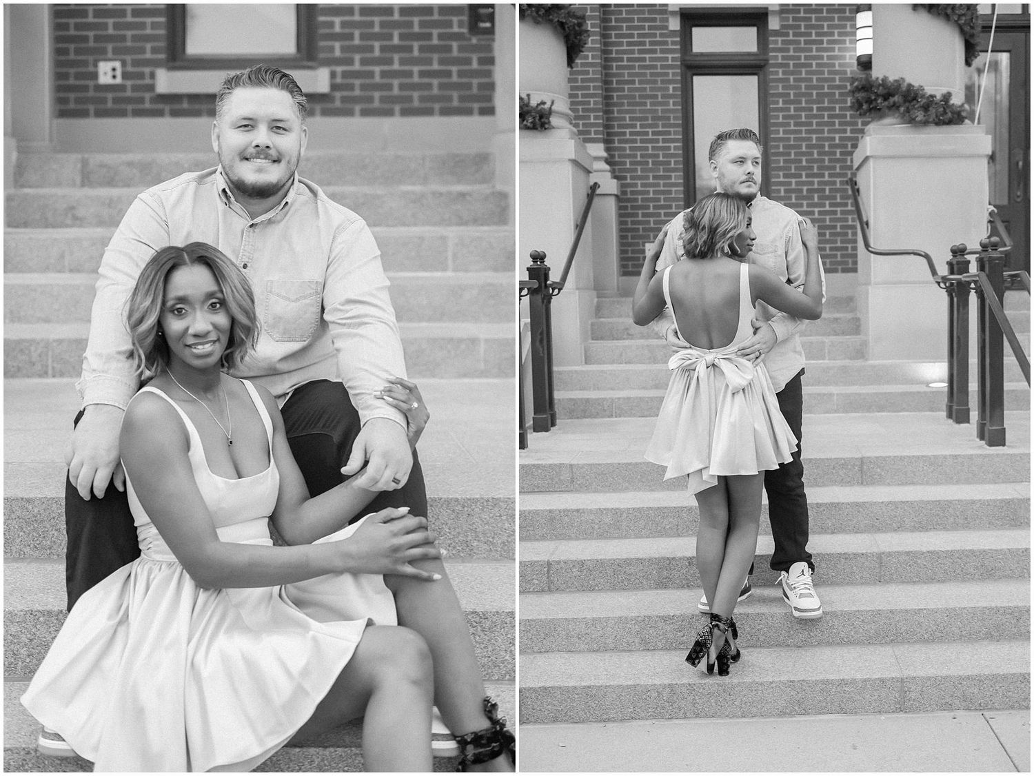 A series of black and white engagement photos showing a couple sitting on brick steps in casual attire.