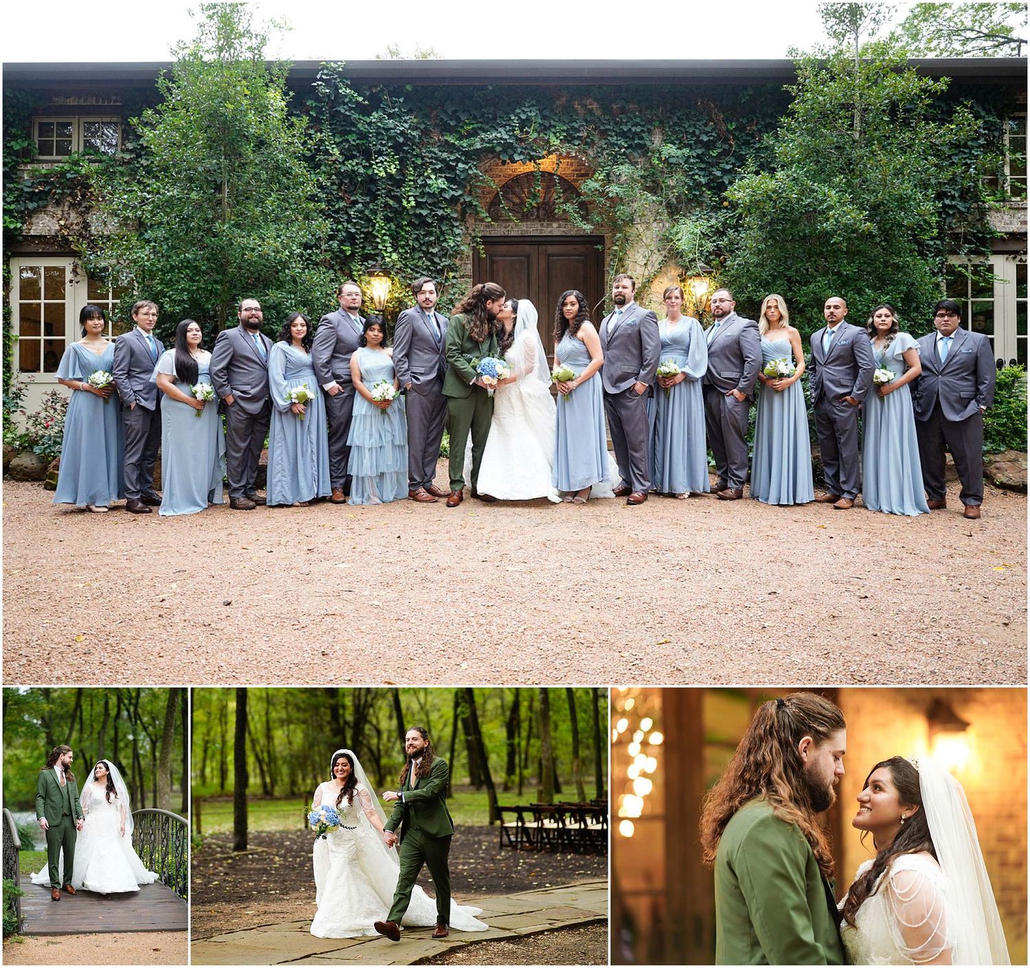 Wedding party in blue bridesmaid dresses and grey suits posing with bride and groom outside a rustic venue.