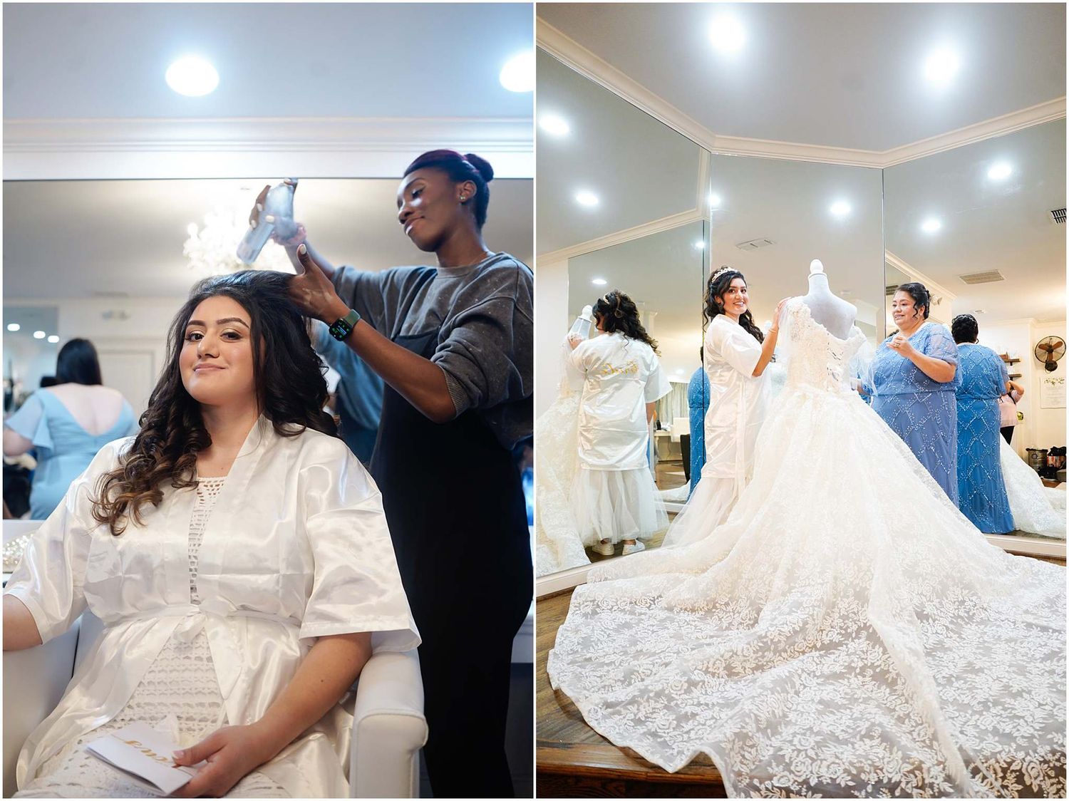 Bride getting hair styled in white robe beside stunning lace wedding gown displayed in bridal boutique.