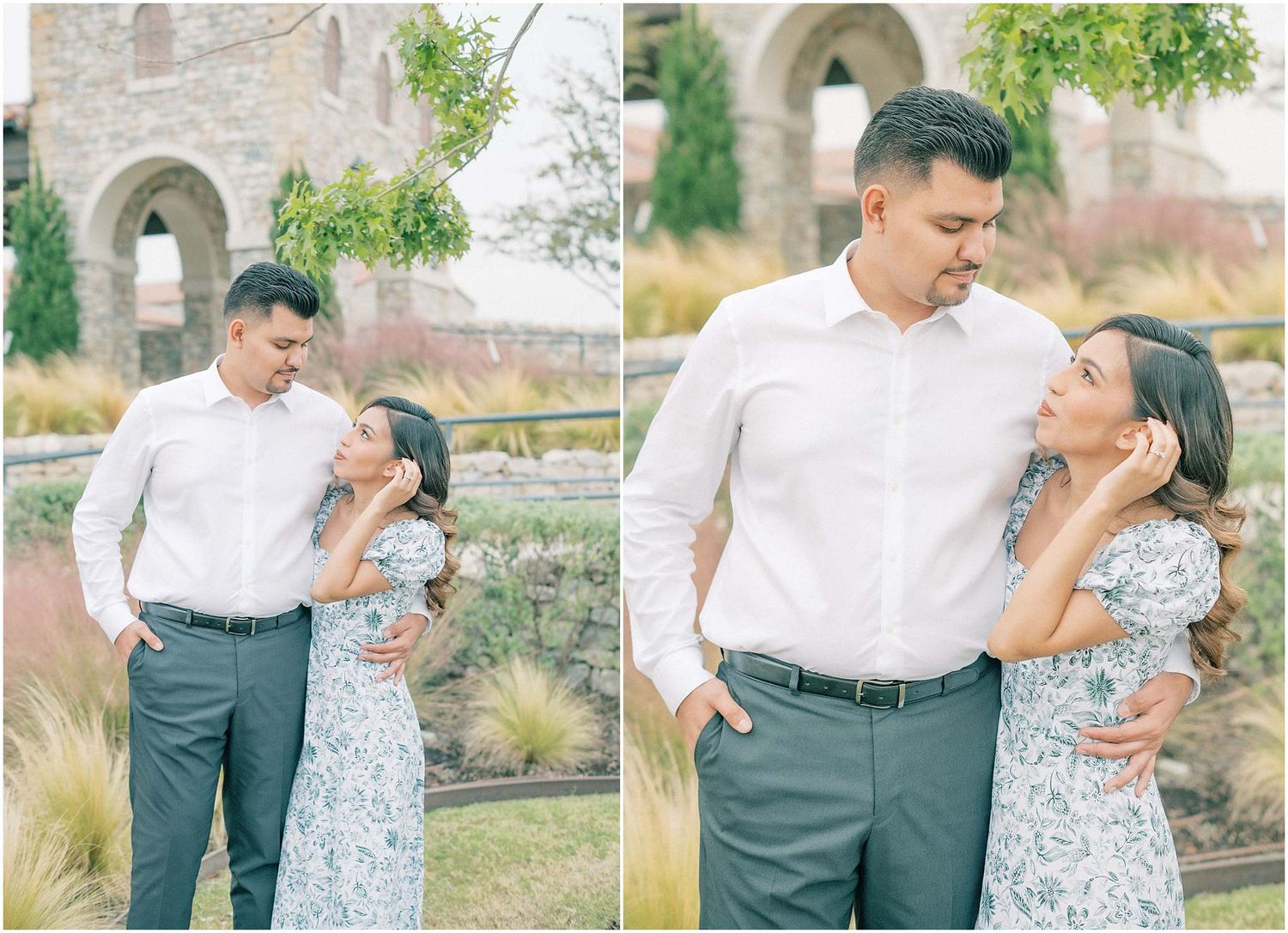 A couple shares tender moments together during an outdoor photoshoot in a garden setting.