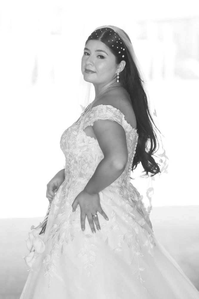 Multiple shots of a bride in a white lace gown striking graceful poses in a studio setting.