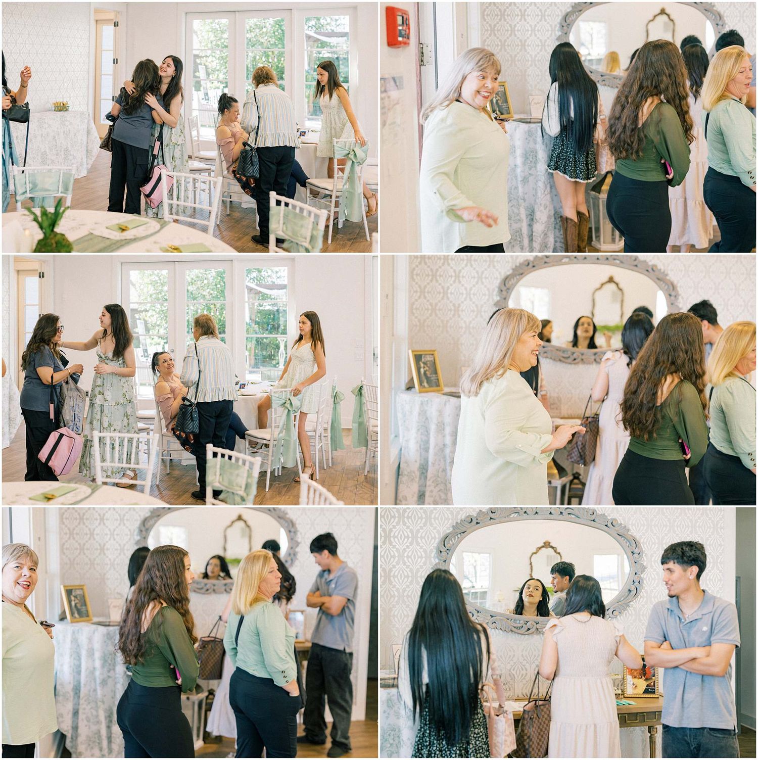 A group of people working together in a bright studio space arranging and organizing materials on a wall.