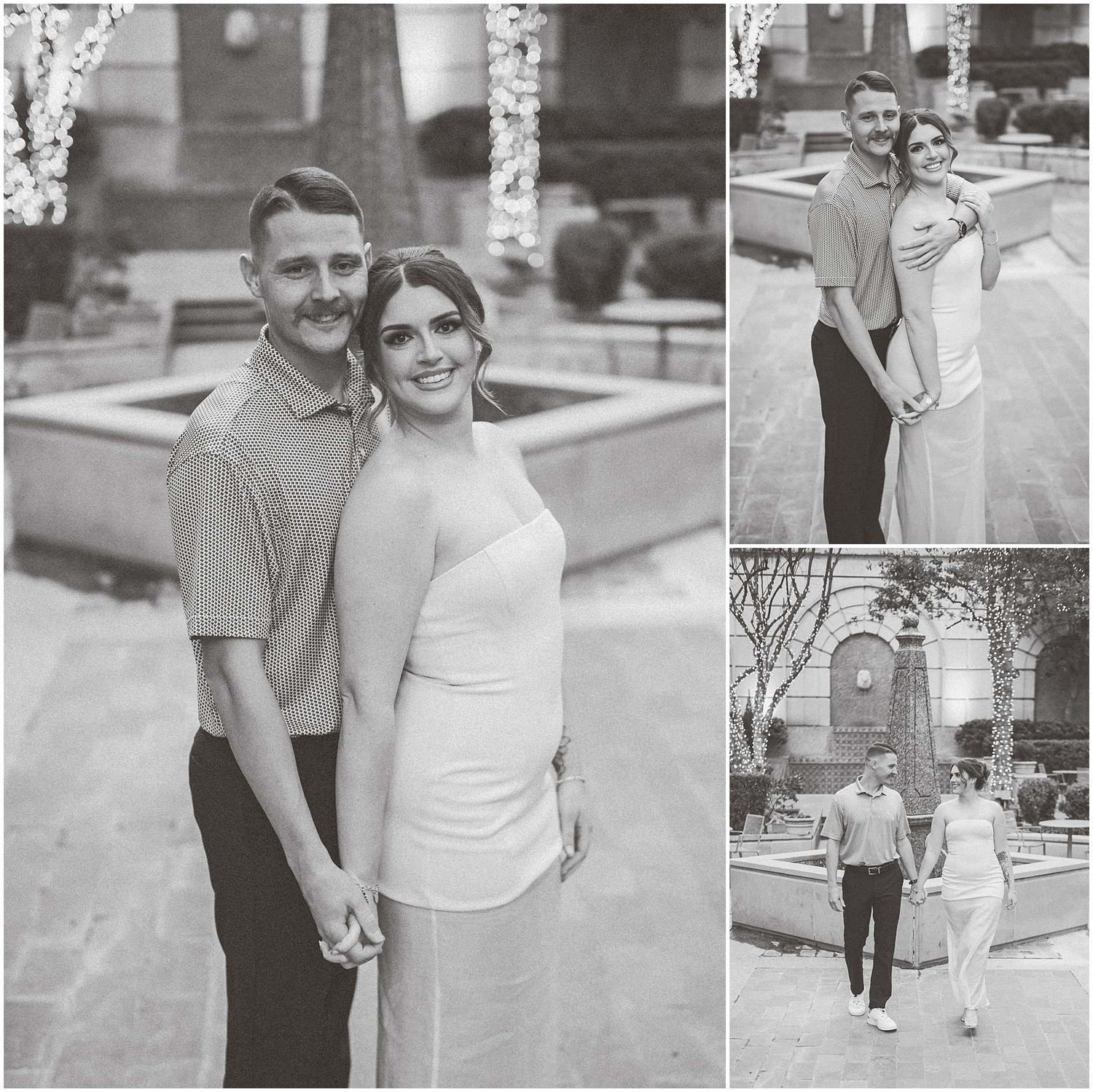 A romantic black and white photo collage showing a couple posing together in an outdoor urban setting.