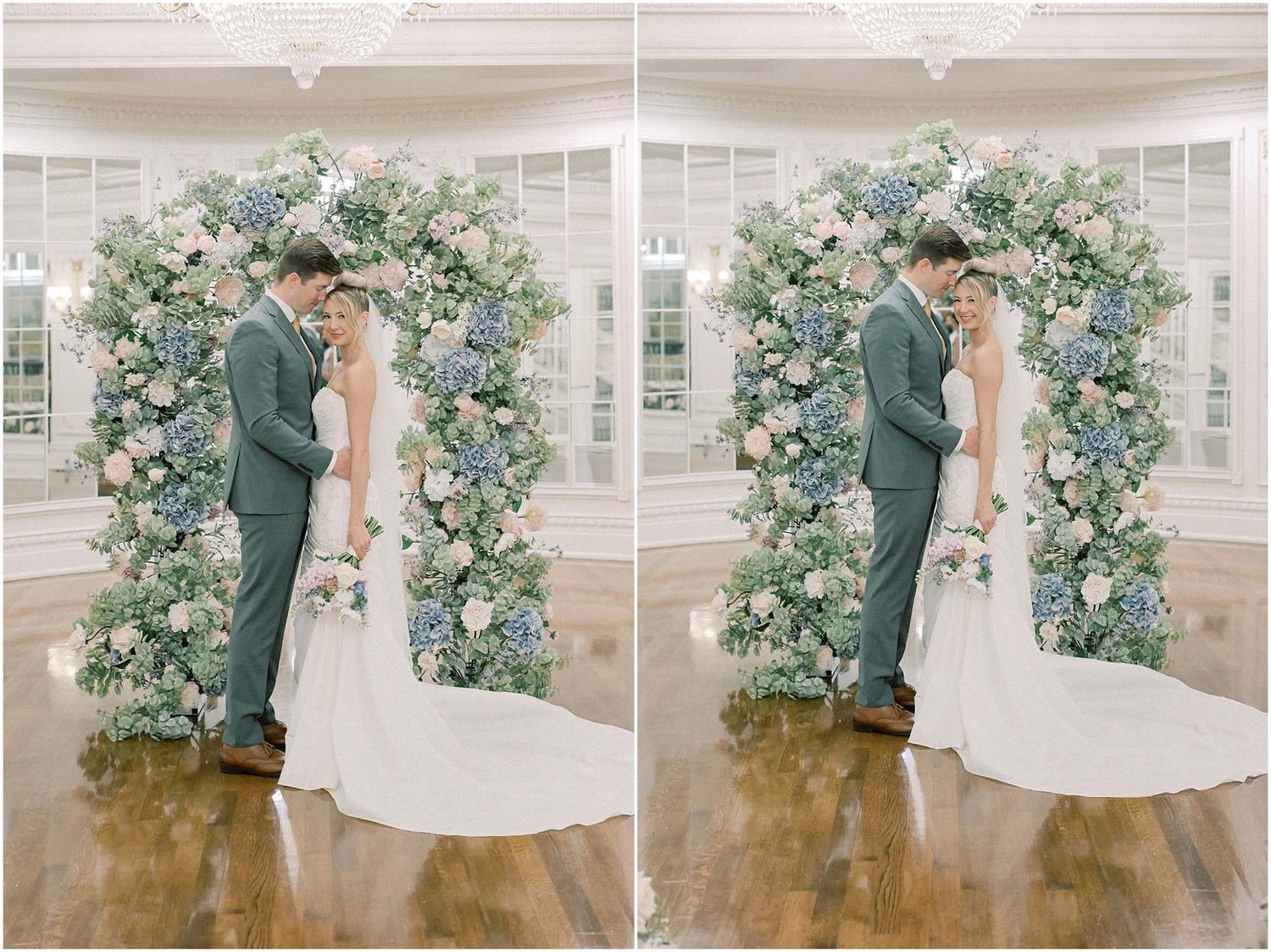 Romantic wedding portraits under an ornate arch of pastel flowers and greenery.