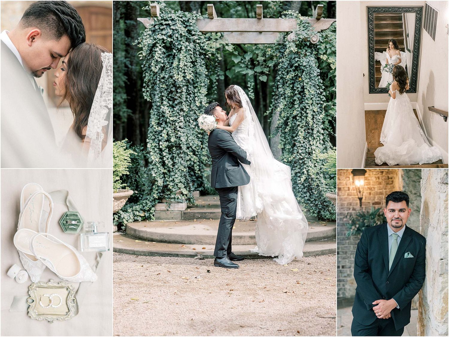 Wedding day collage showing intimate moments and floral arch ceremony.