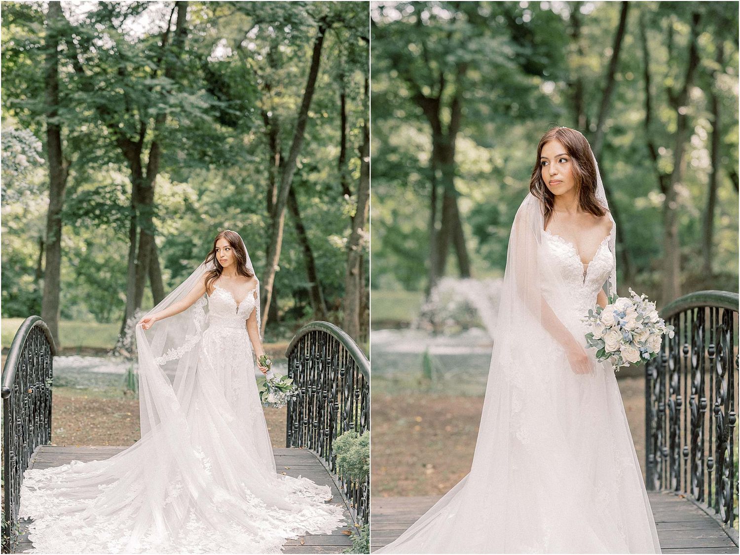 Bride in flowing white gown poses among trees in romantic garden setting.