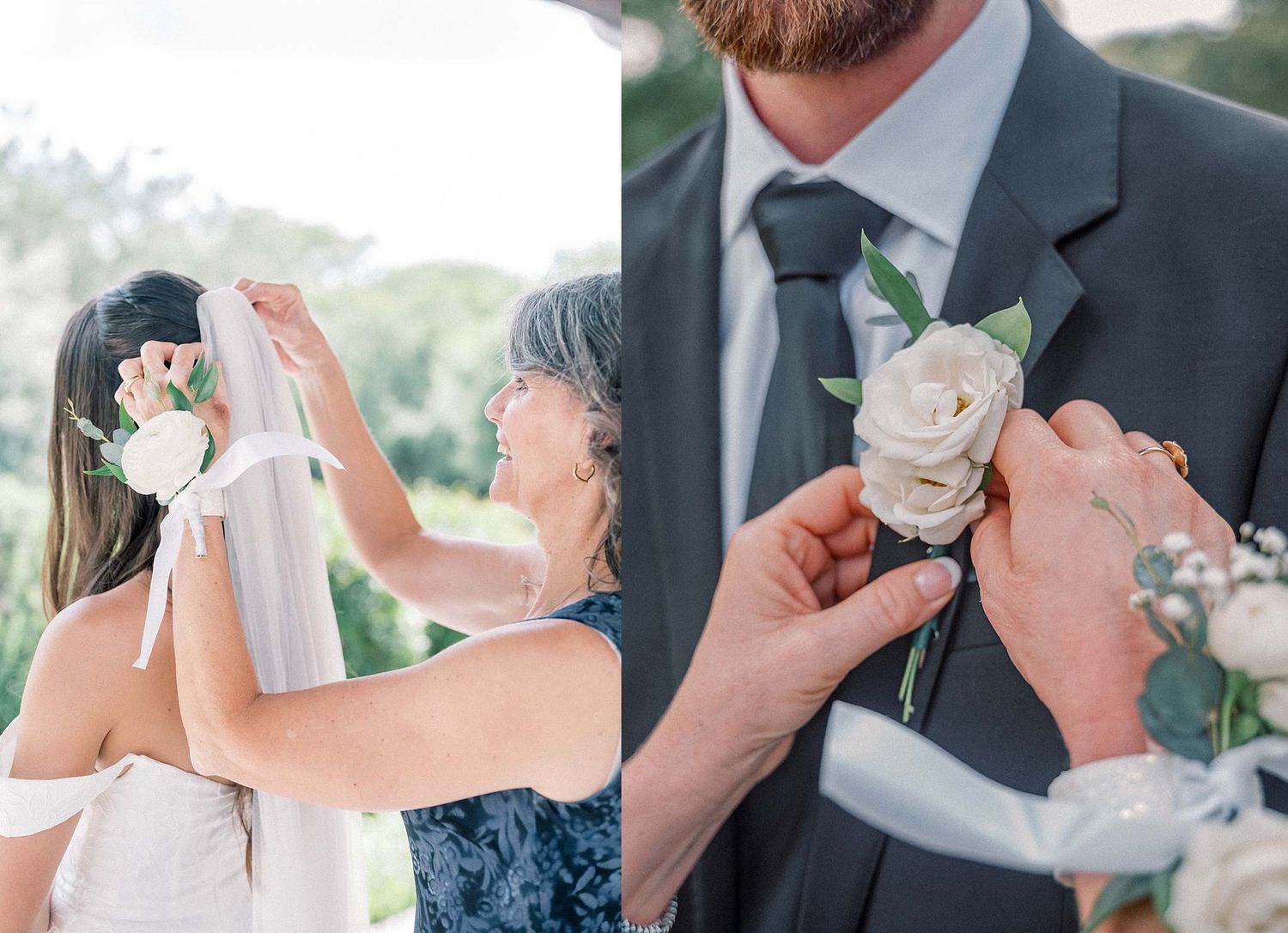 Close-up shots of boutonniere pinning and wedding day preparation details.