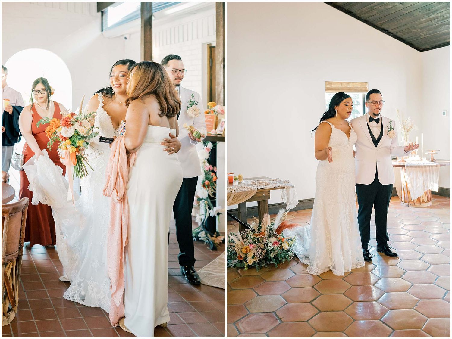 Wedding party dancing and celebrating together in an elegant indoor venue with hexagonal tile flooring.