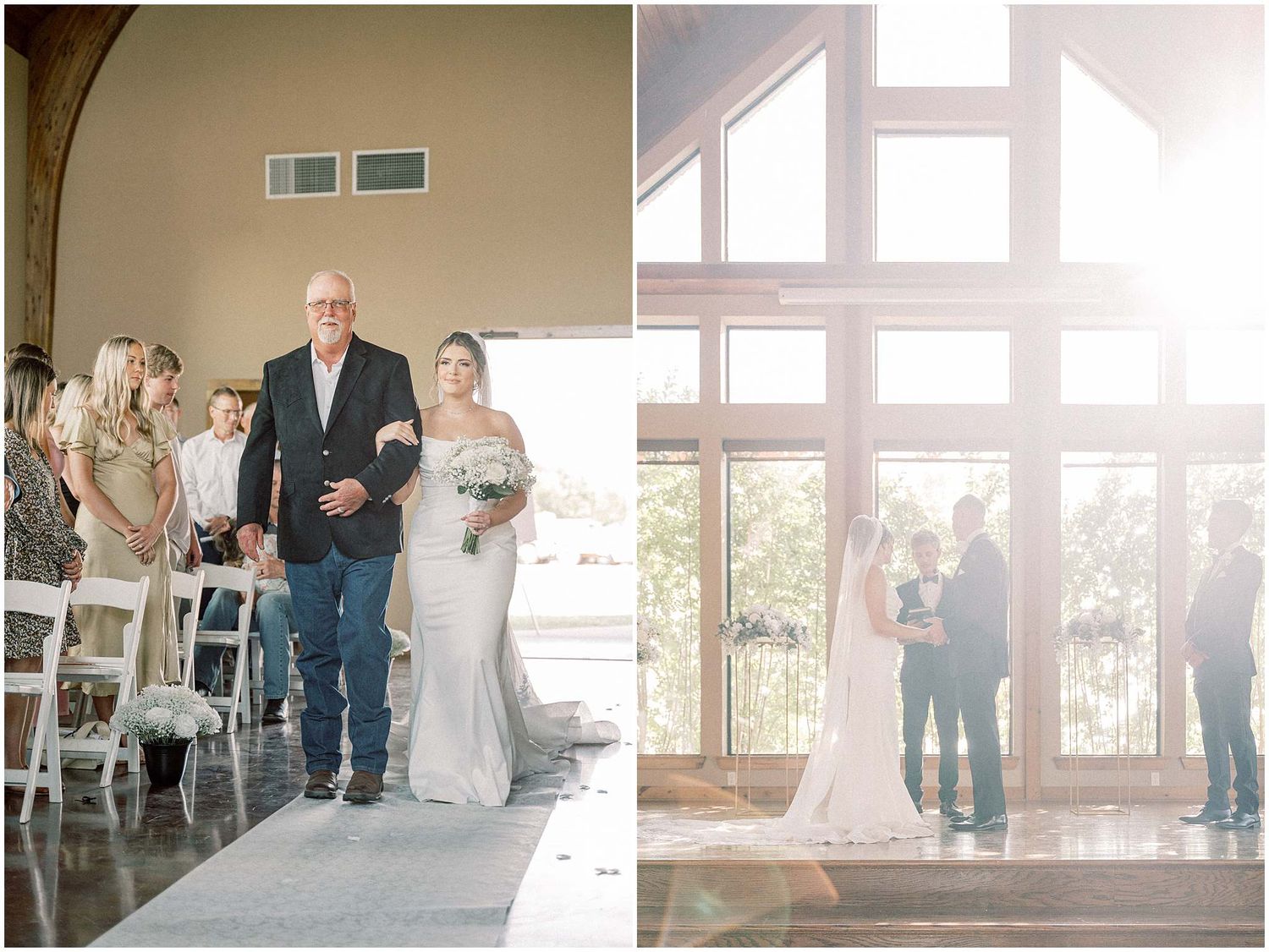 Sun-filled wedding venue shows guests gathering for the ceremony.