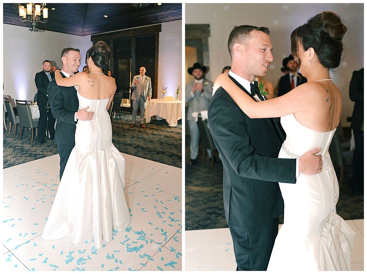 Elegant wedding dance sequence showing couple twirling on dance floor with blue petals scattered around.