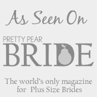 Wedding publication logos including Pretty Pear Bride and plus size bridal magazine text.