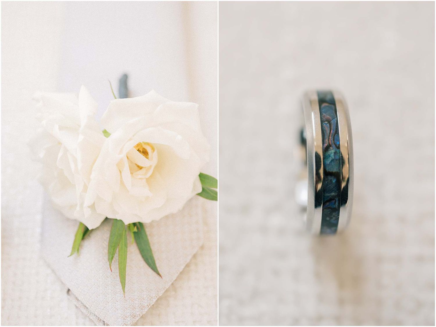 Wedding rings and floral details photographed in soft natural light.