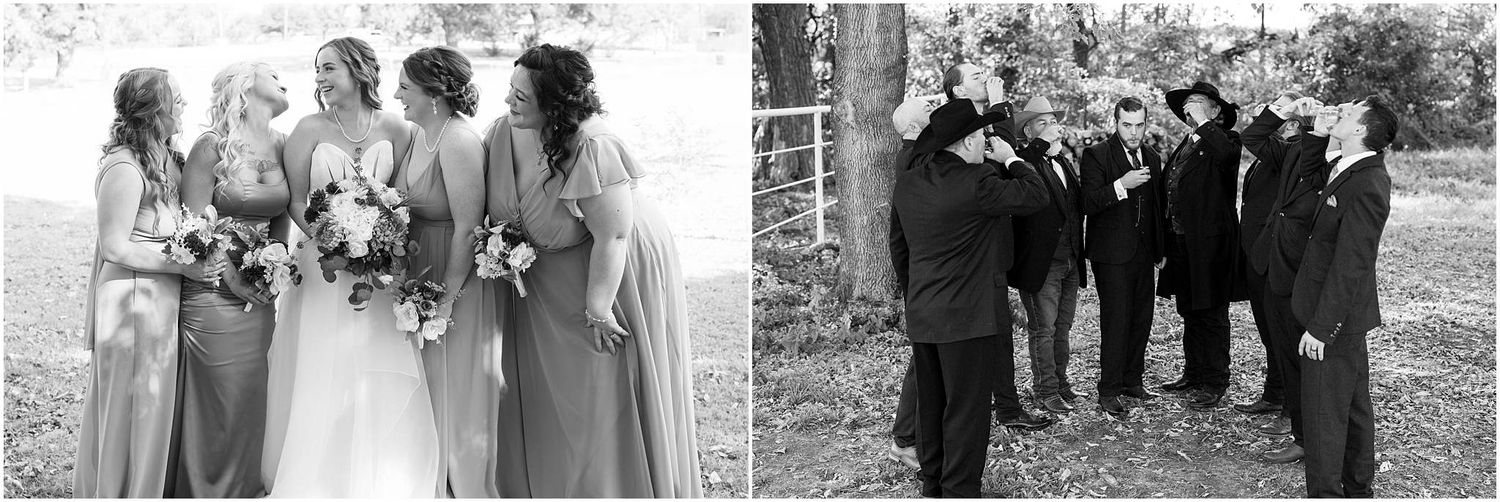 Wedding party photos showing groups in formal attire outdoors in black and white.