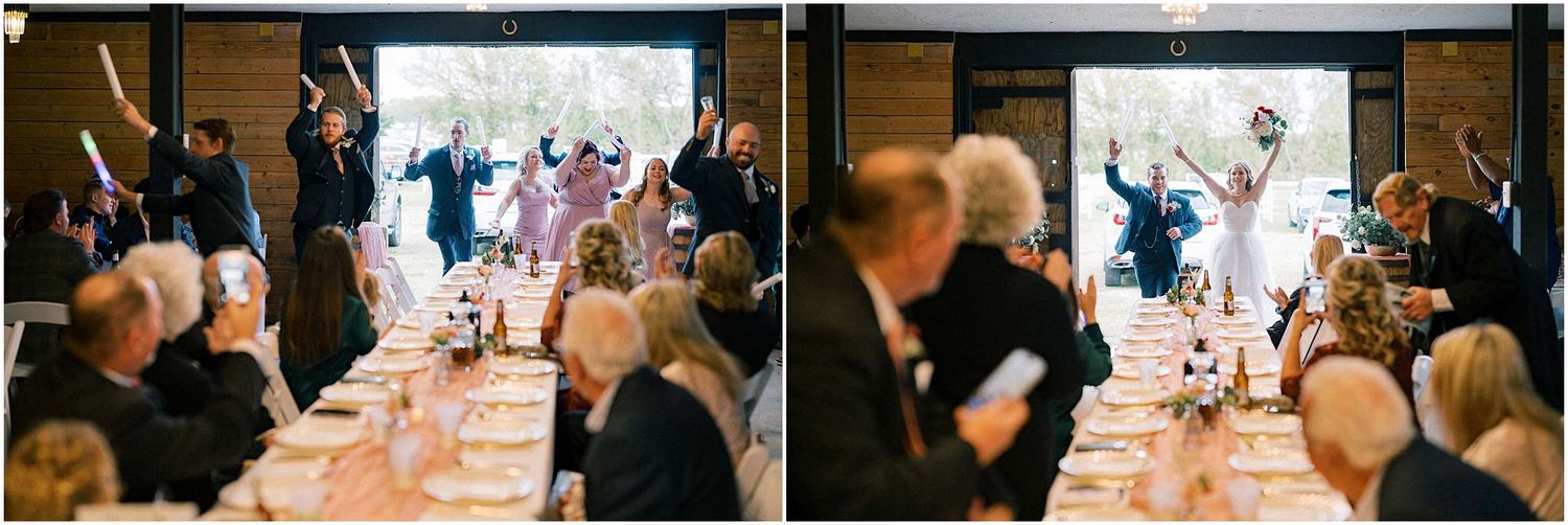 Indoor wedding reception with guests seated at decorated tables.
