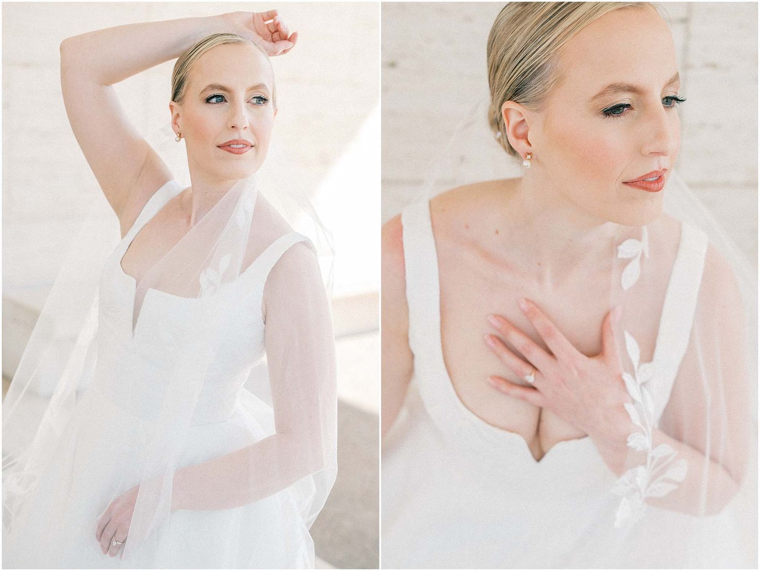 Artistic bridal portraits with ethereal lighting highlighting a classic white wedding gown.