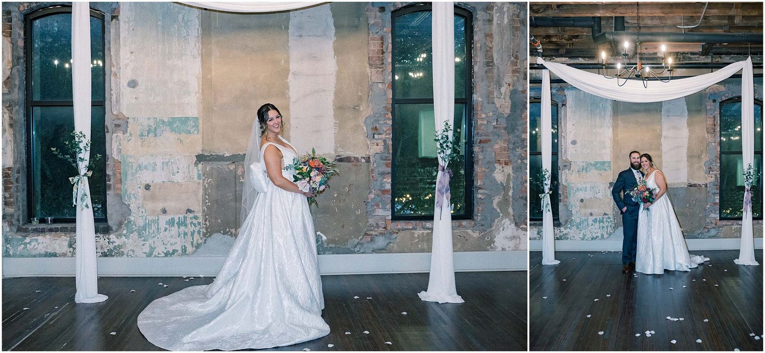 Elegant wedding photos in an industrial venue with white draping and exposed walls.