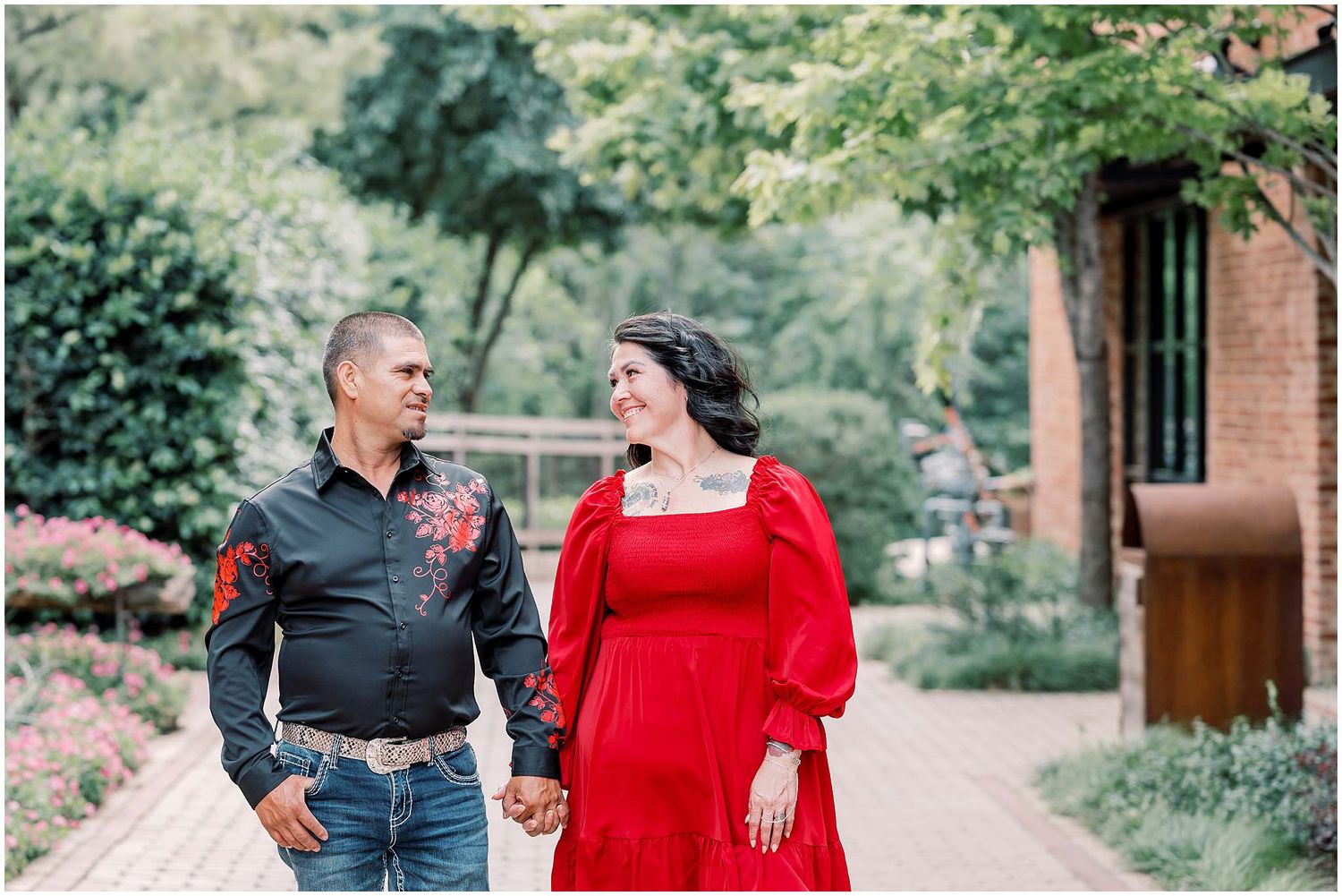 A romantic photo sequence of a couple walking through a garden setting.