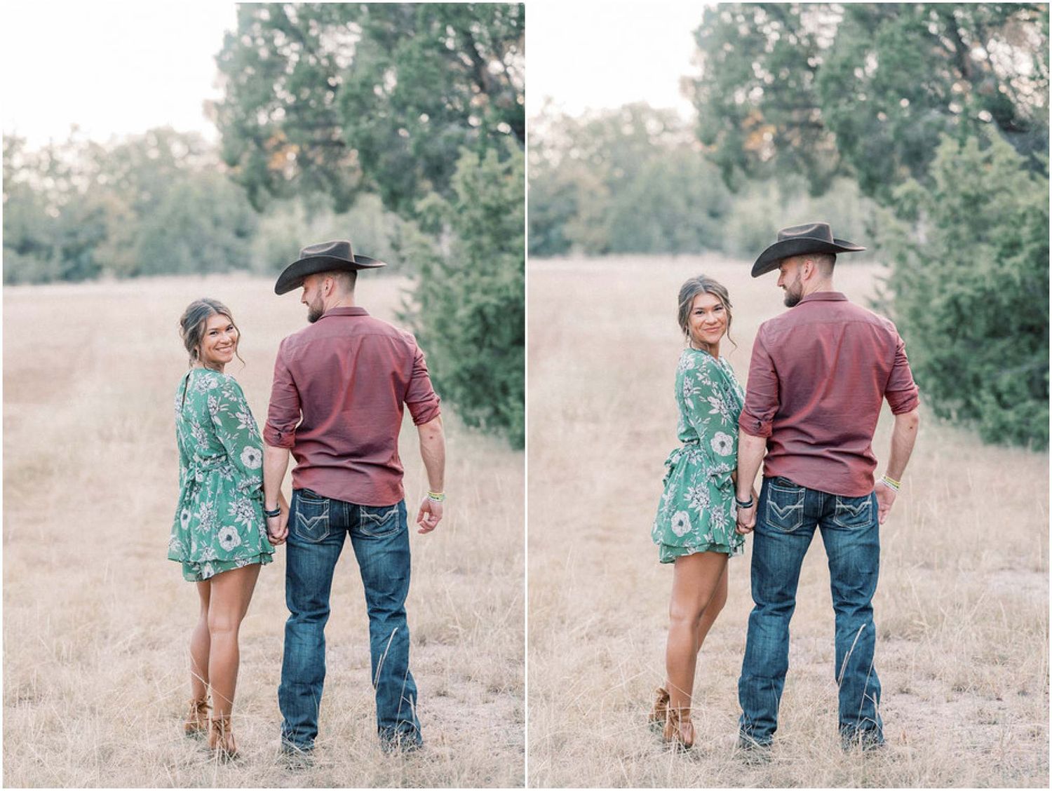 Two people share a tender moment while walking through tall grass at golden hour.