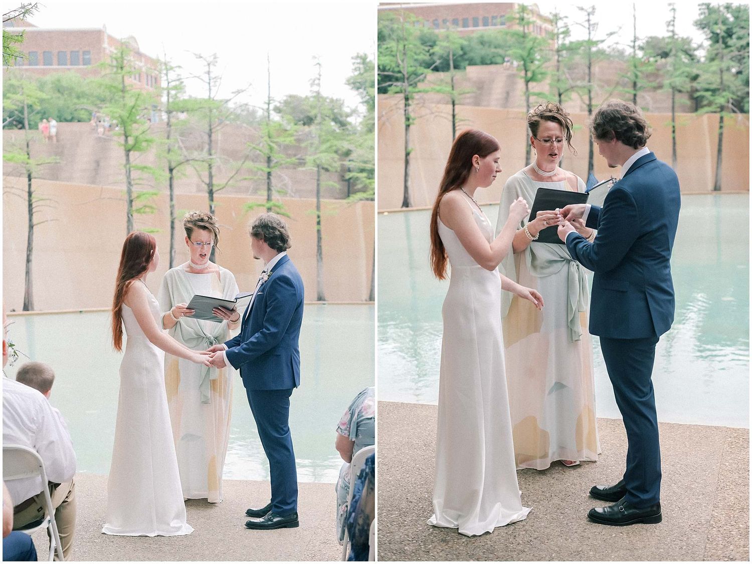 A romantic lakeside wedding ceremony sequence showing the bride and groom exchanging vows near the water.