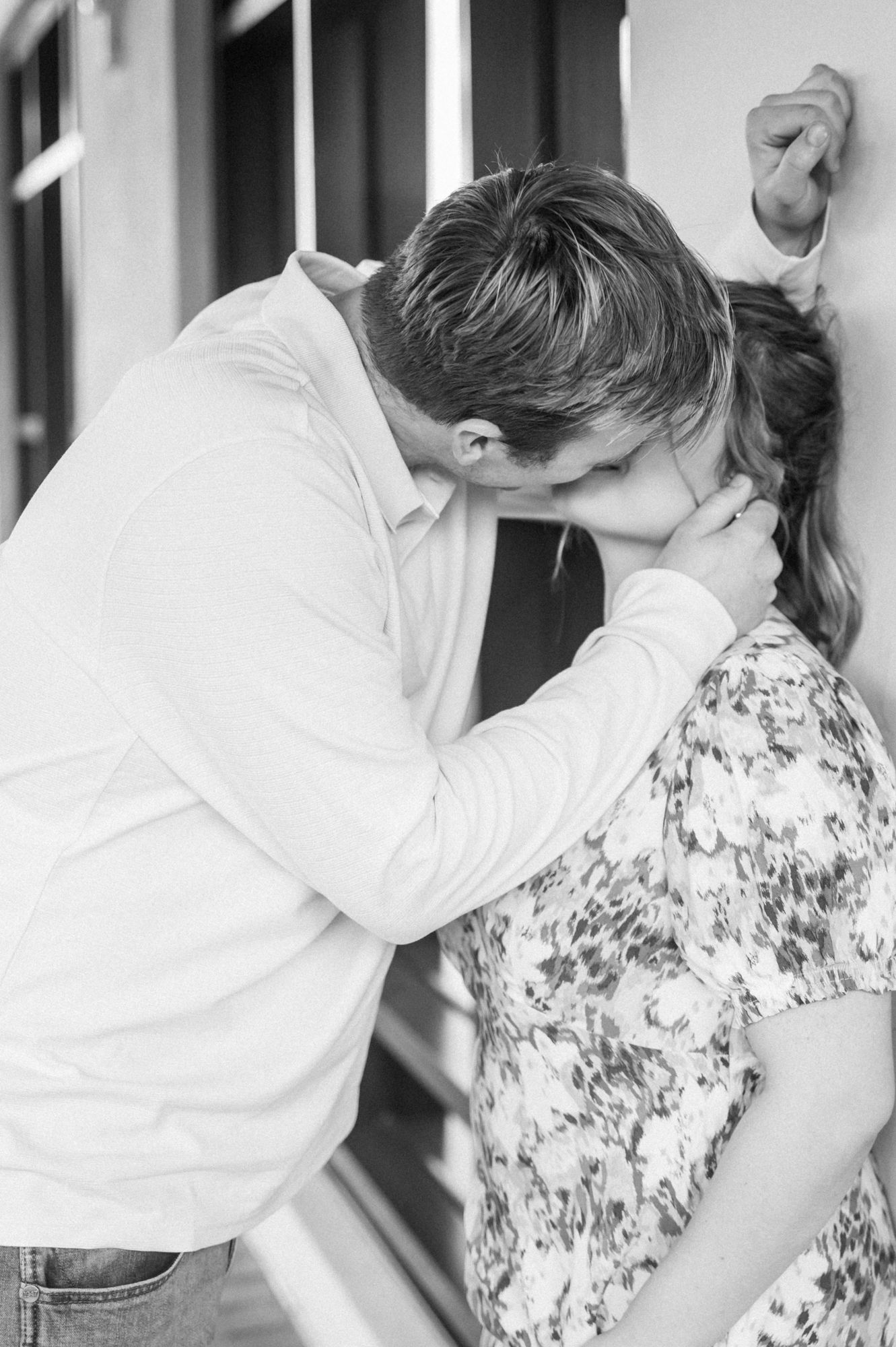 A series of romantic dance dip poses between a couple in vintage-style clothing against a white background.
