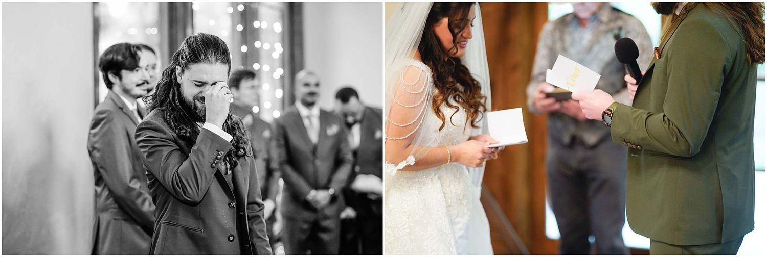 Emotional groom crying at the altar during wedding ceremony while bride reads heartfelt vows at rustic venue.