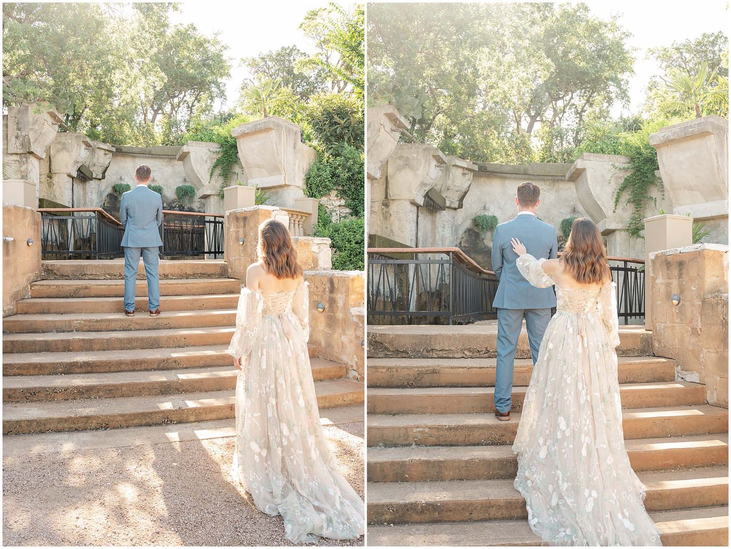 Couple in formal attire poses on rustic stone steps for romantic photos.