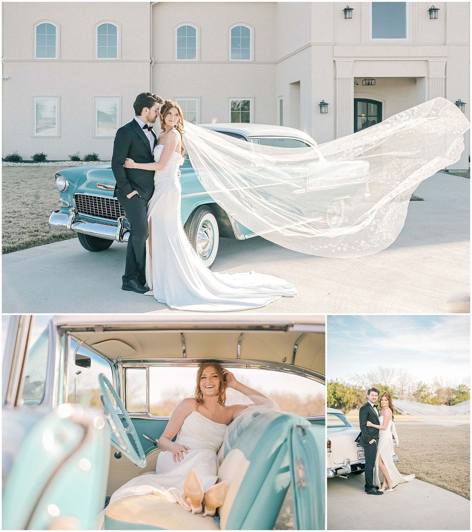 Wedding photography featuring vintage turquoise car and dramatic flowing veil shots.