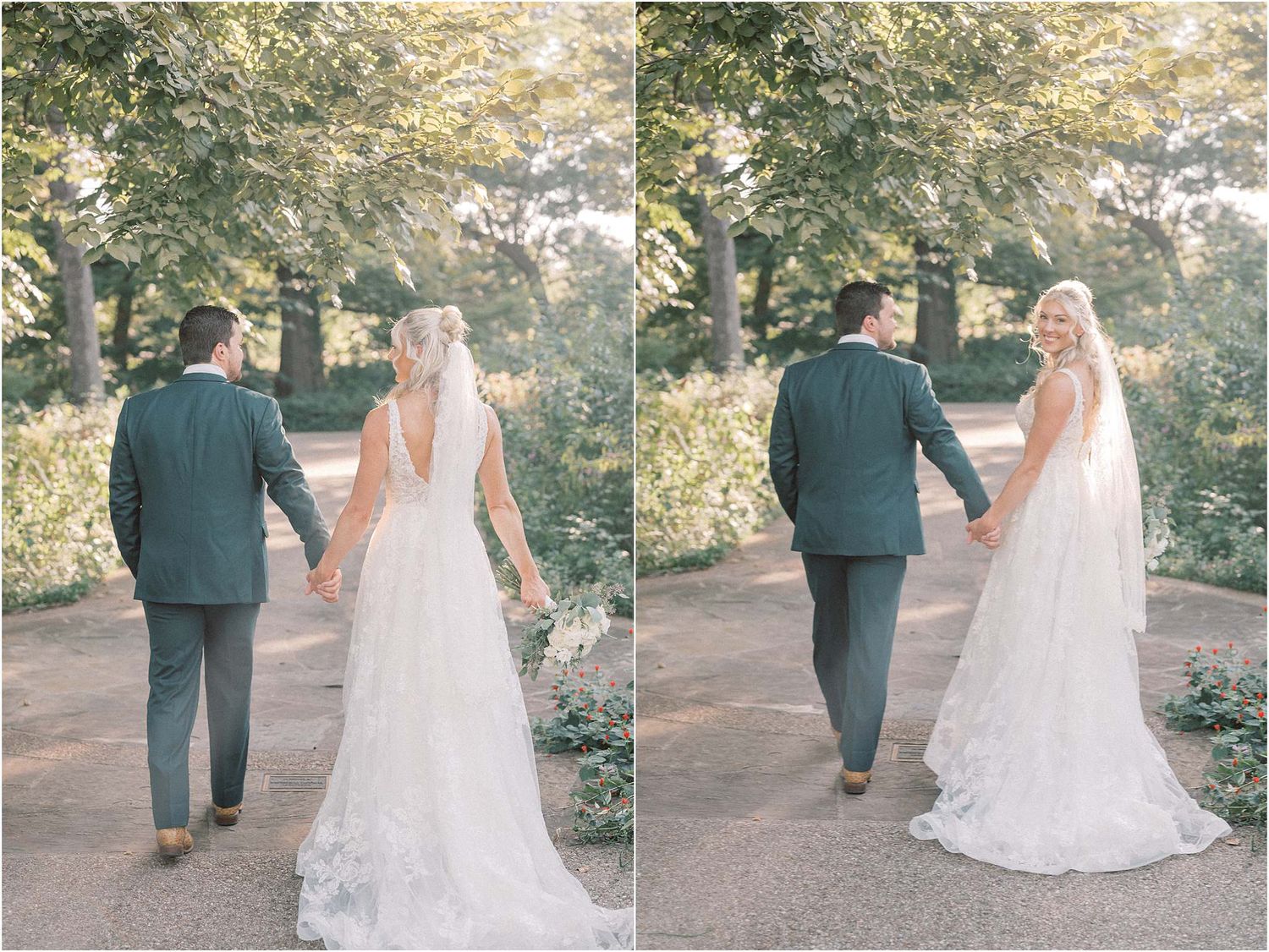 Elegant couple takes romantic stroll through landscaped garden path after ceremony.