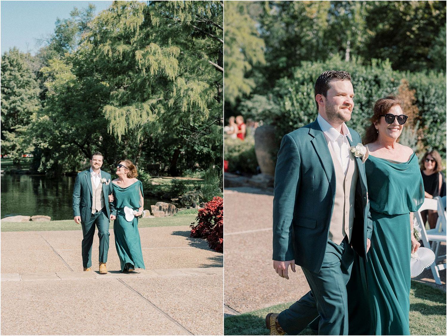 Wedding party members walking through a scenic garden path on a sunny day.