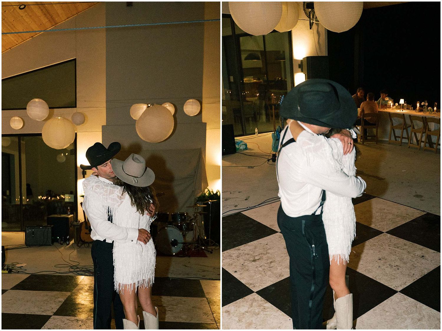 Indoor wedding reception with paper lanterns and black and white checkered dance floor.