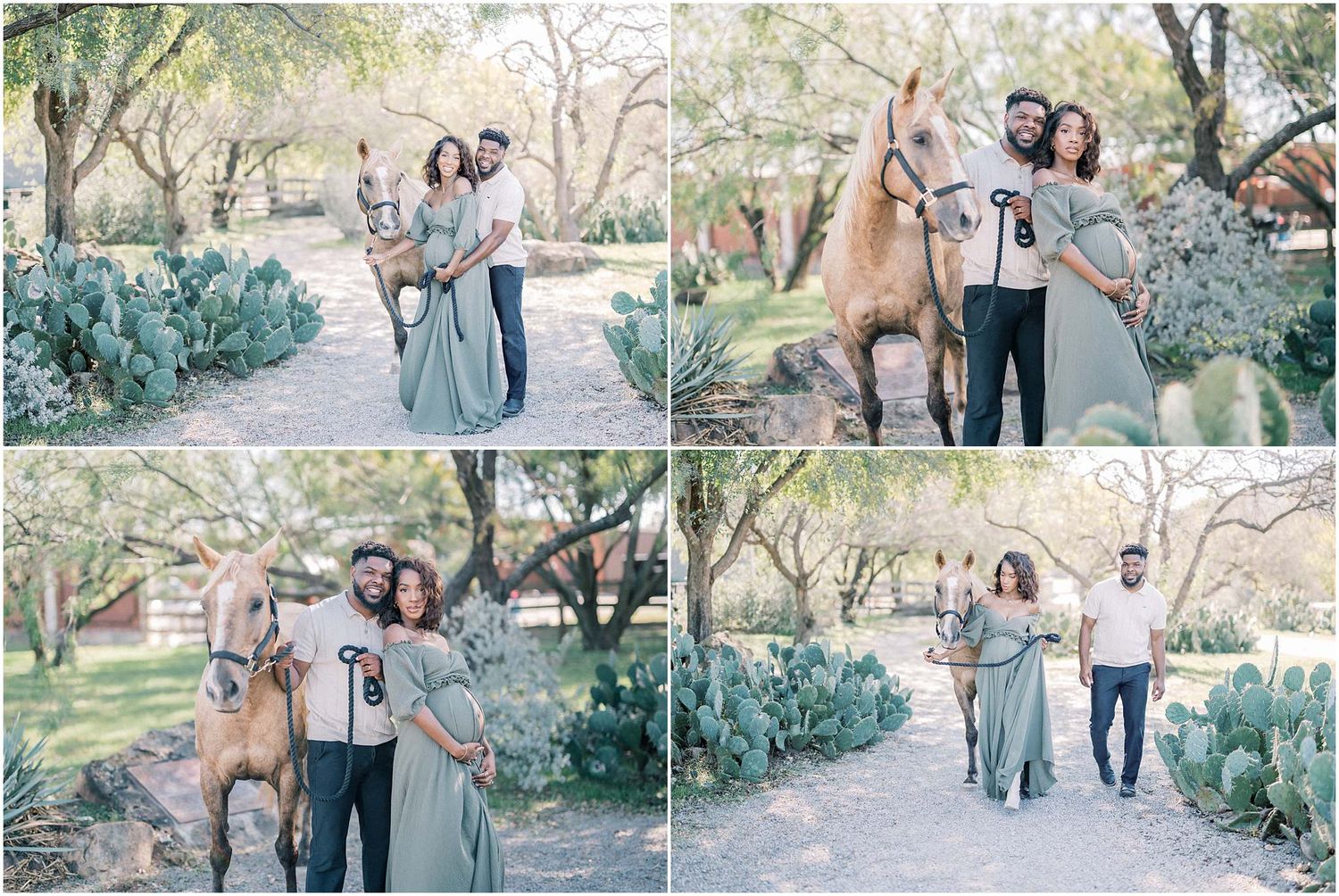 A collection of engagement photos showing tender moments between a couple and their horse outdoors.
