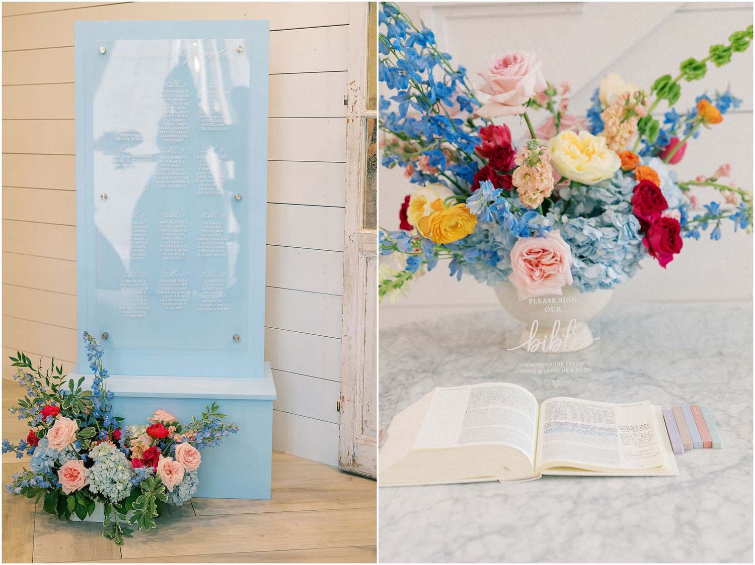 Elegant wedding ceremony decor with blue door floral arrangement and colorful bouquet beside open book on marble table.