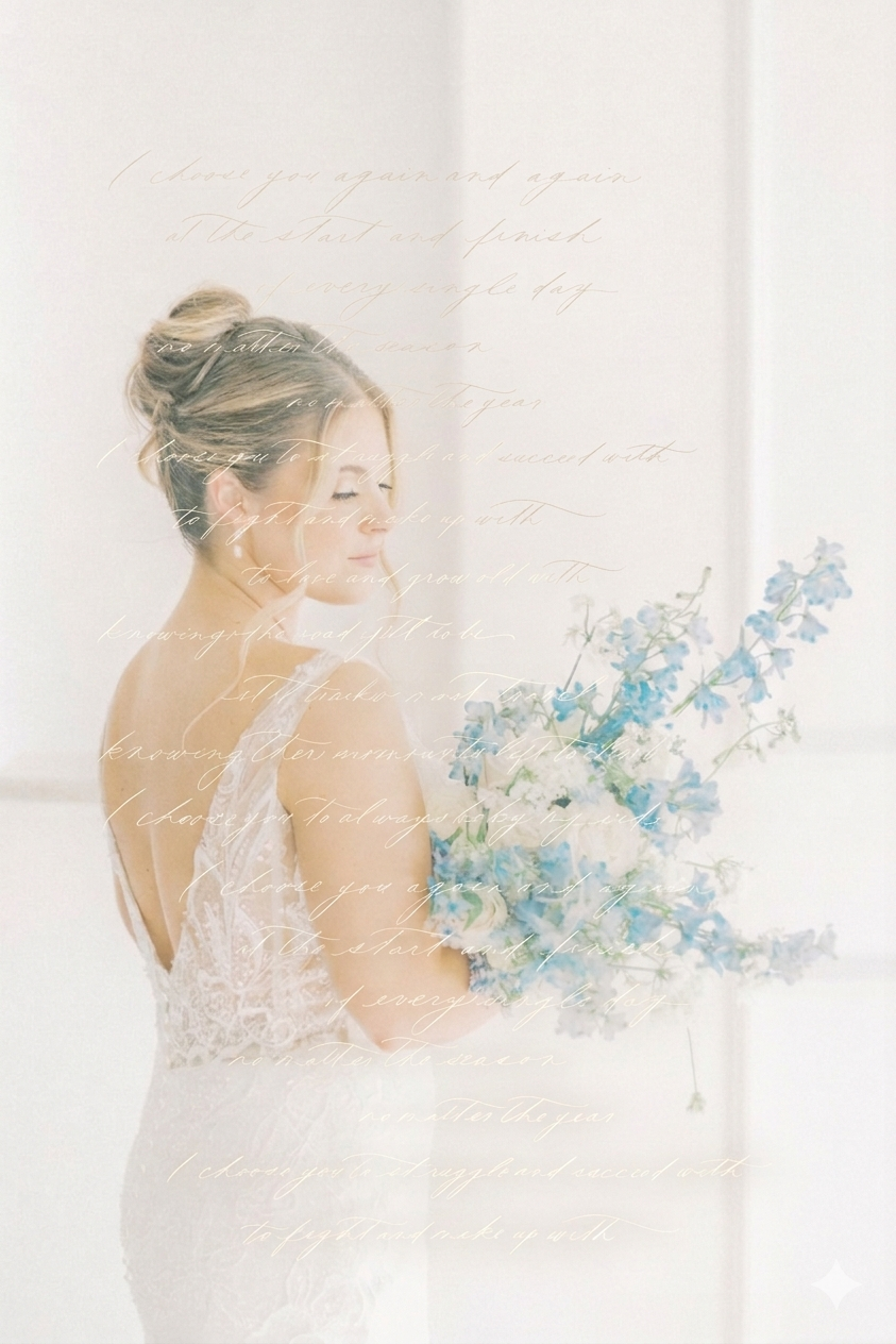 Bride in backless lace gown holds blue and white floral bouquet, with elegant script overlay on dreamy white background.