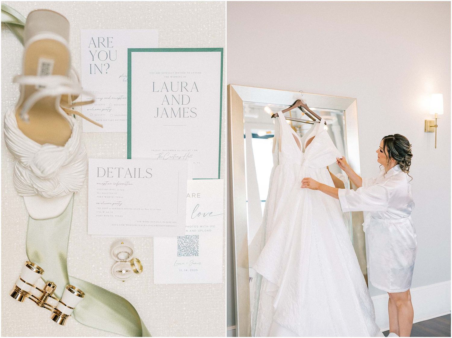 Wedding stationery and white garments laid out in a minimalist style against light backgrounds.