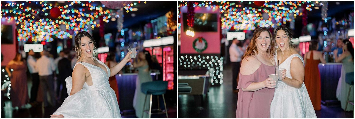 Festive wedding reception with disco ball and colorful confetti creating a party atmosphere.
