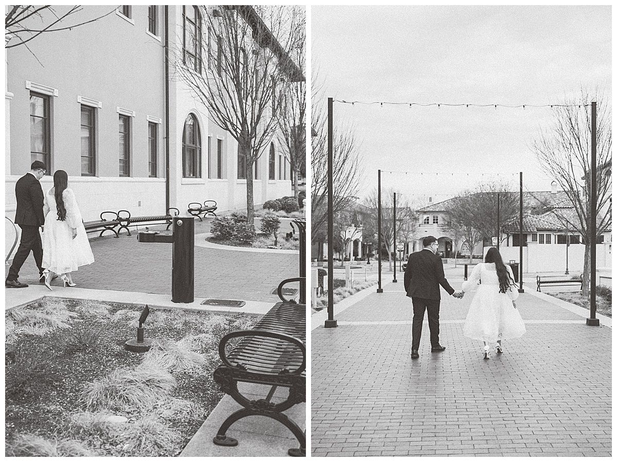 A series of winter street scenes with bare trees and brick buildings.