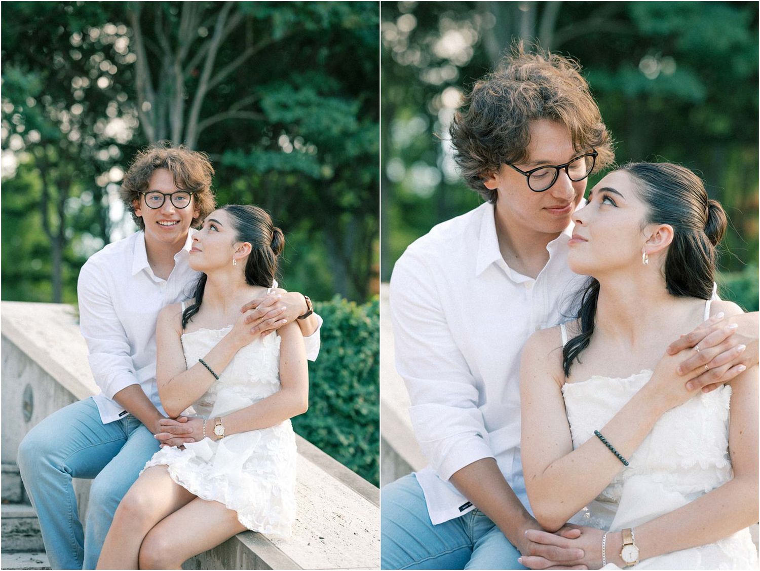 Sweet engagement photo sequence showing couple's natural chemistry outdoors.