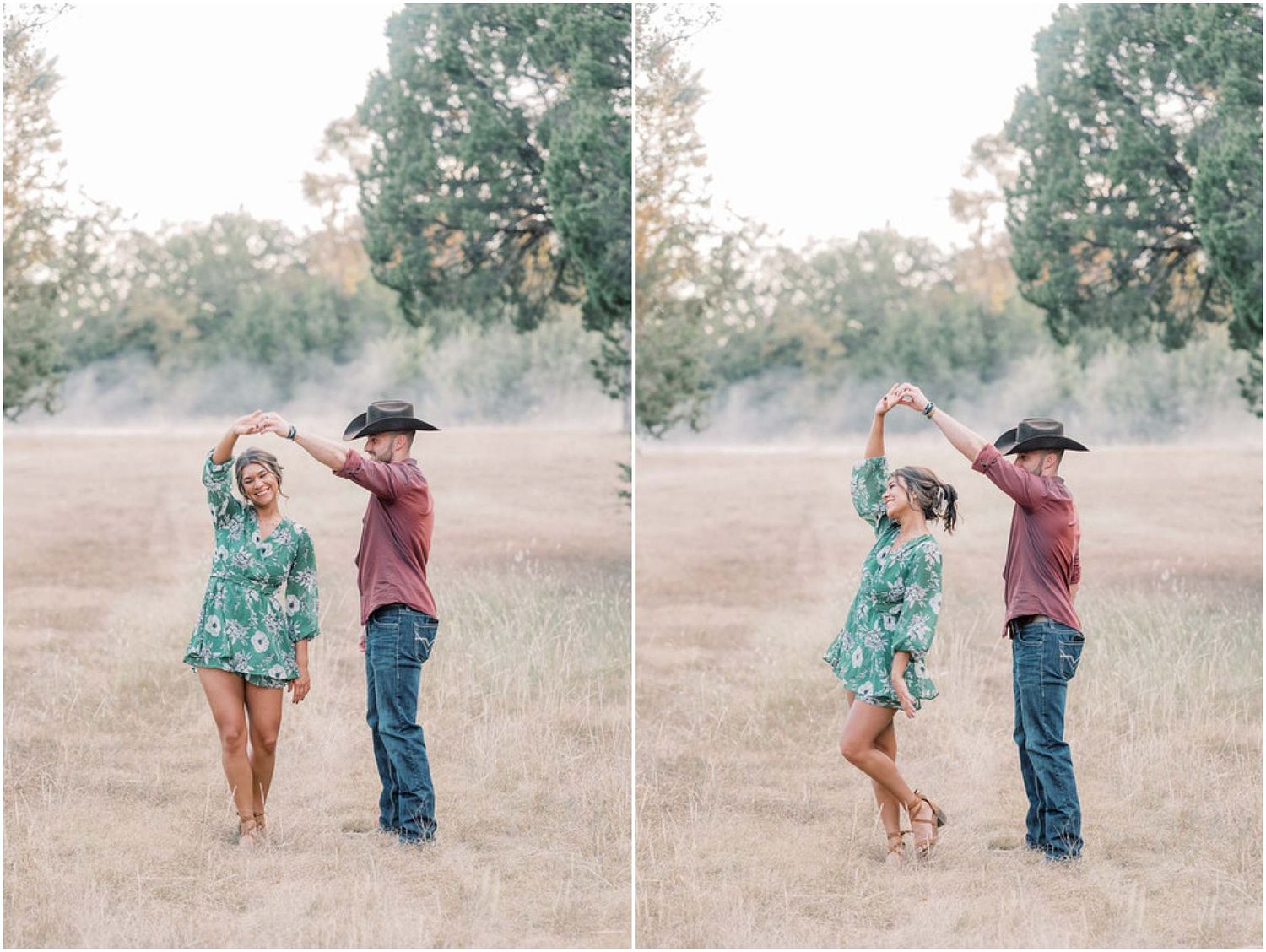 Couple sharing a playful dance moment in a meadow during golden hour.