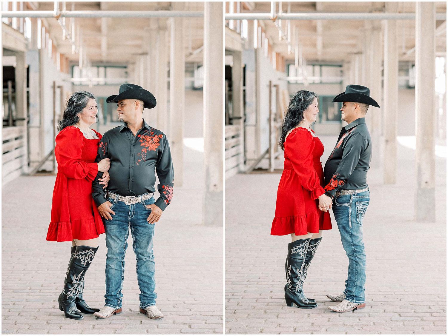 Couple shares intimate moment in concrete hallway, her red dress standing out against industrial backdrop.