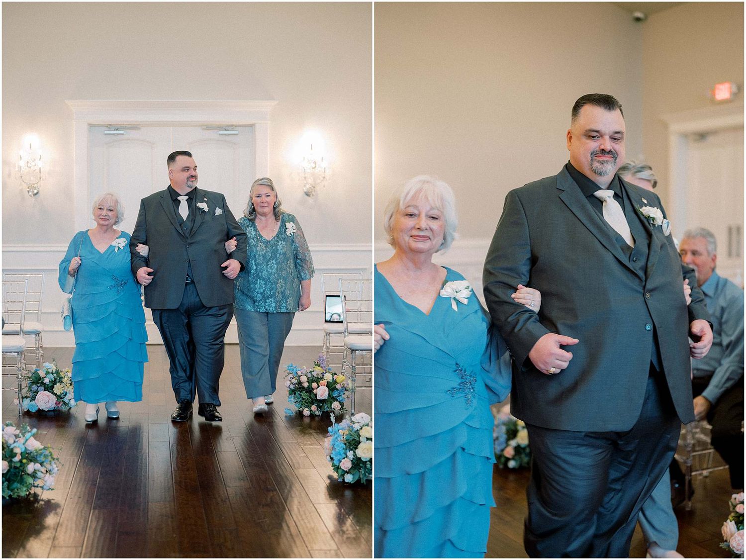 Wedding party members in blue and black attire gathered in an elegant reception hall.