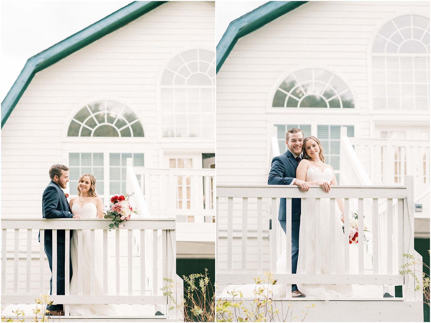 Wedding photo series on white porch with classic colonial style windows and railings.